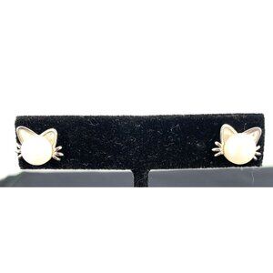 Sterling Silver Earrings Cat Face Pearl Stud 925 Pierced 1/2"